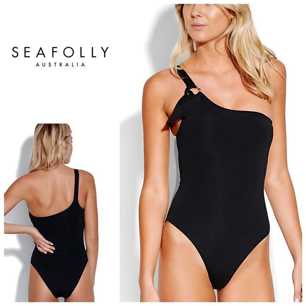 New. Seafolly black one shoulder swimsuit. Size 4. Retails $148